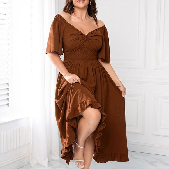 Plus Size Maxi Dress Flowy A-Line Summer Formal Beach V Neck Flutter Sleeve - Picture 4 of 5